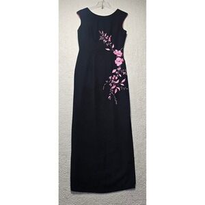 Maggy London Womens Black Pink Floral Embroidered Maxi Gown Dress Slit Size 8